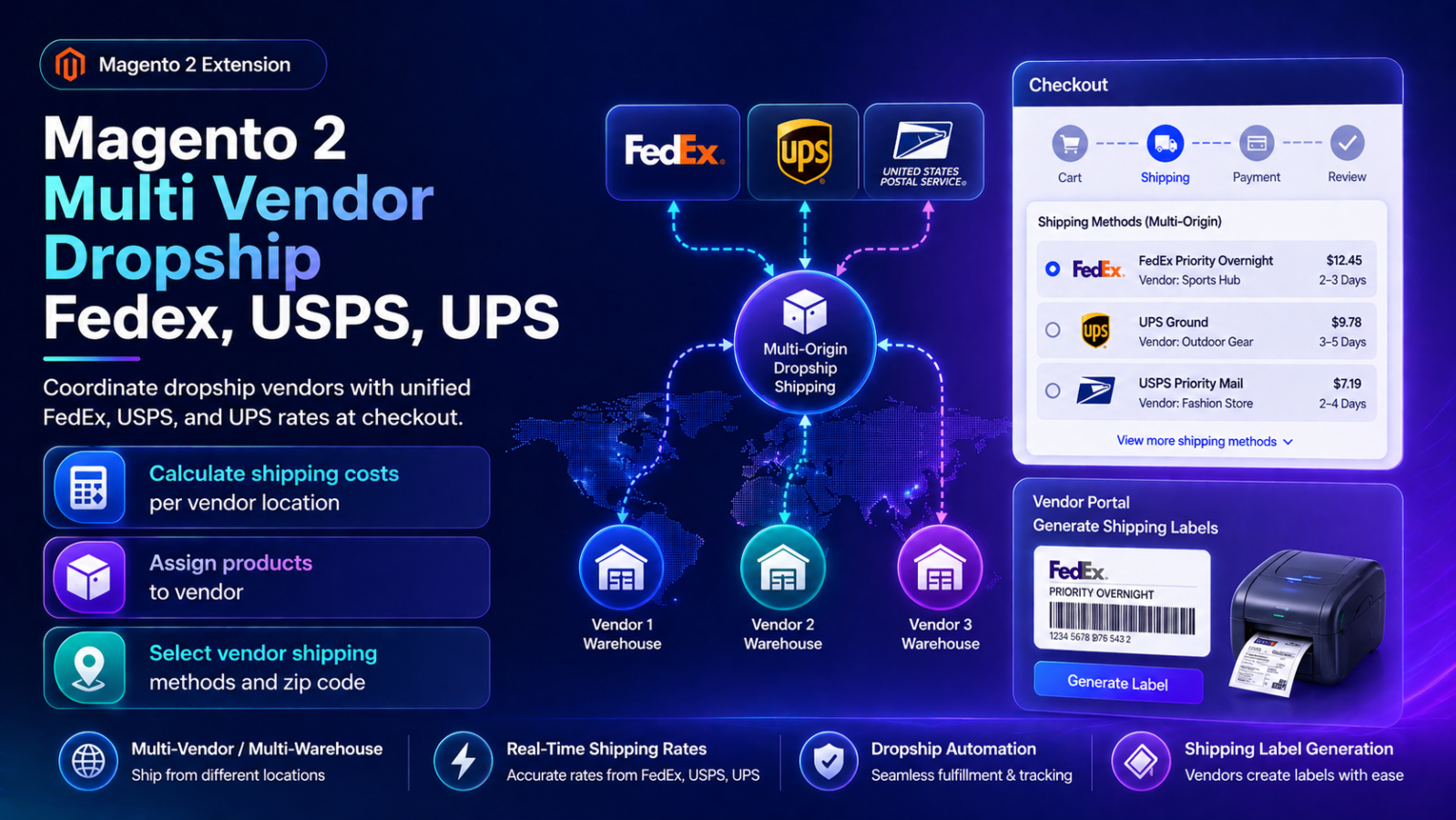 Magento 2 Multi Vendor Dropship Extension FedEx, USPS, UPS