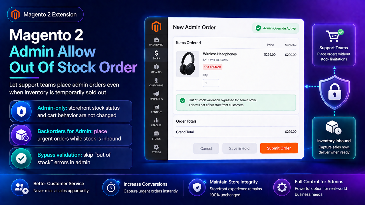 Magento 2 Admin Allow Out Of Stock Order — place admin orders when inventory is sold out