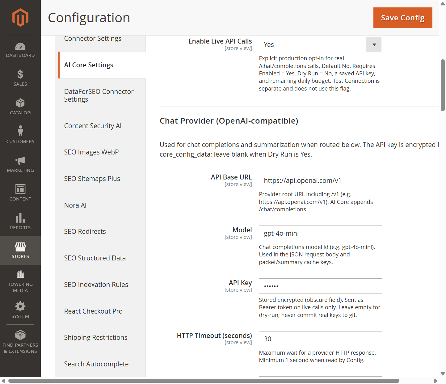 AI Core OpenAI-compatible chat provider settings showing API base URL, model, and encrypted API key