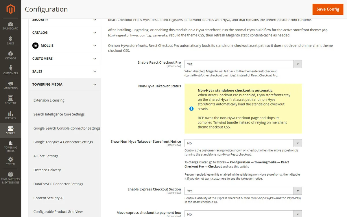 Magento admin Stores Configuration screen showing the Towering Media extension settings sections, including React Checkout Pro options