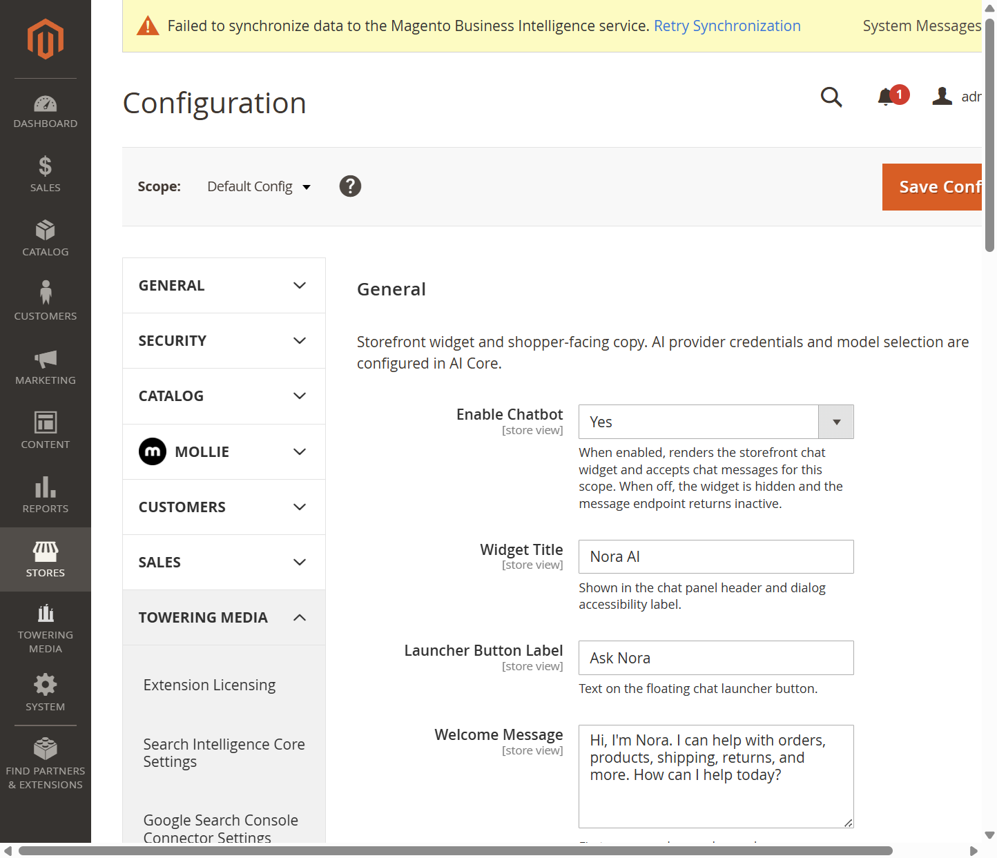 Nora AI general configuration showing Enable Chatbot, Widget Title, Launcher Button Label, and Welcome Message fields