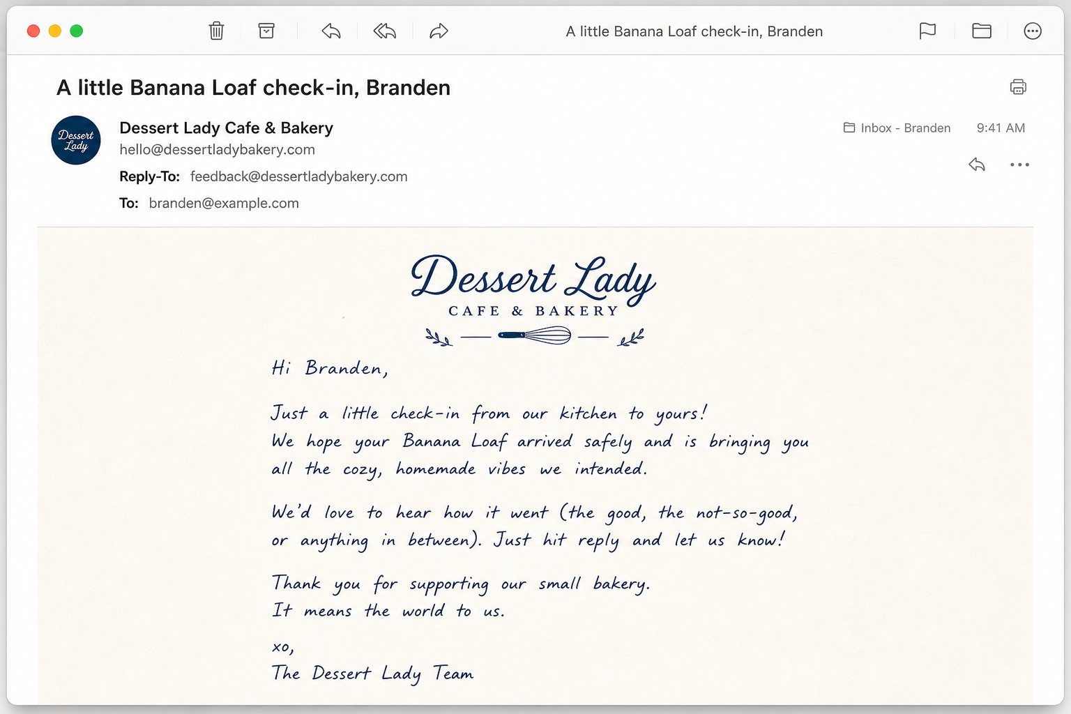Example AI handwritten experience check-in email mentioning a customer order