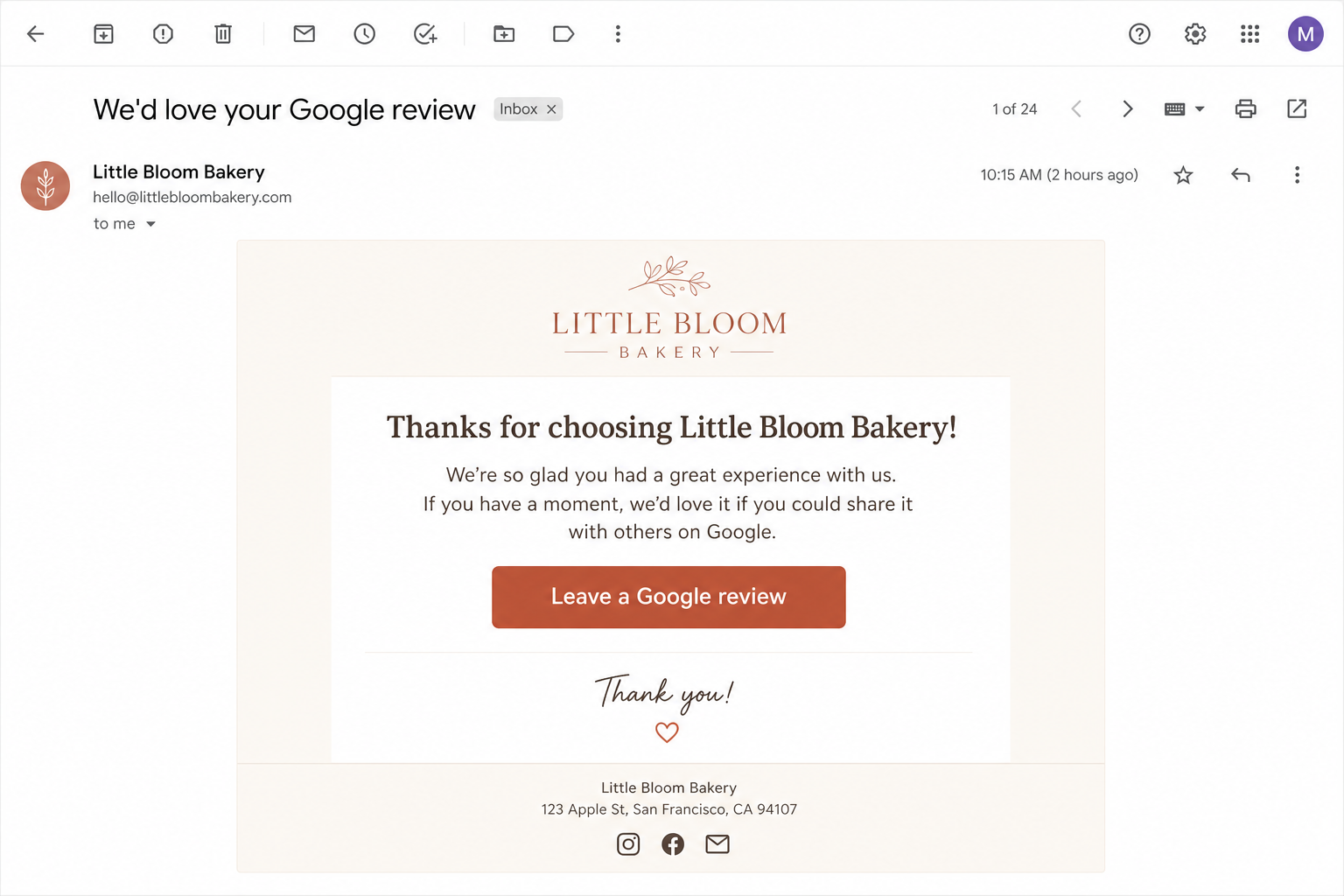 Example Google review follow-up email with Leave a Google review button