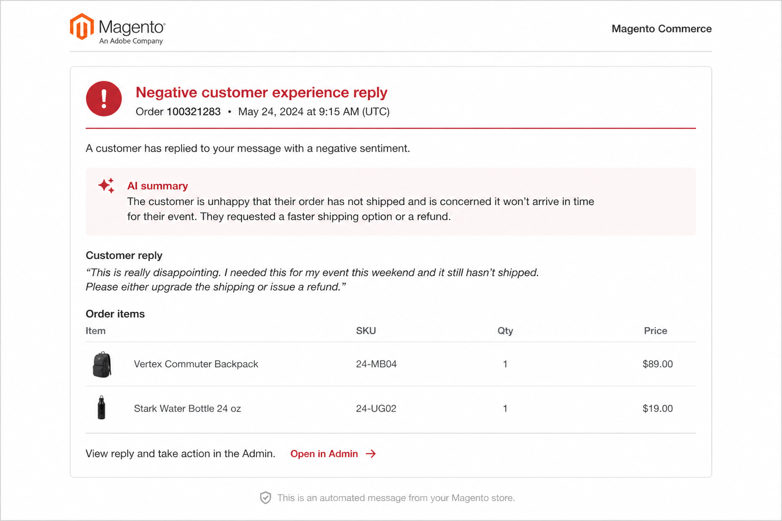 Staff alert email summarizing a negative customer experience reply for customer service