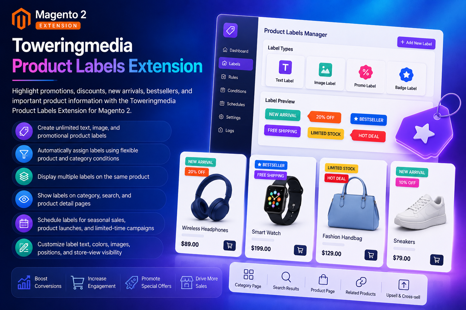 Magento 2 Product Labels gallery showing badge styles on product imagery