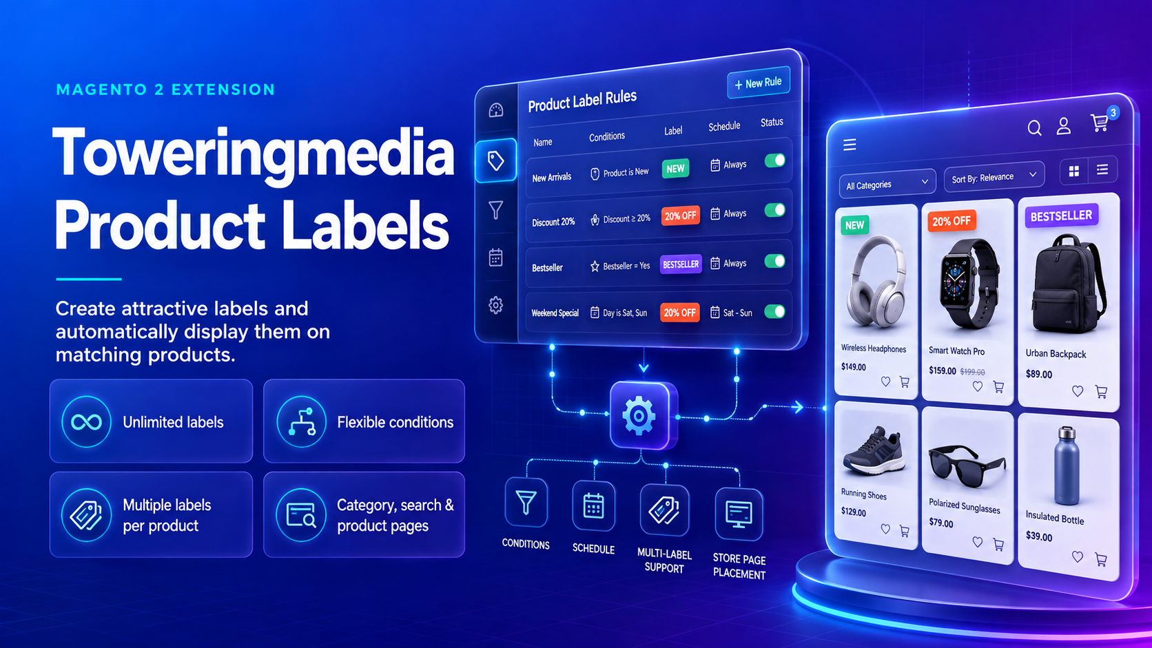Towering Media Magento 2 Product Labels Extension — promotional badges on product images