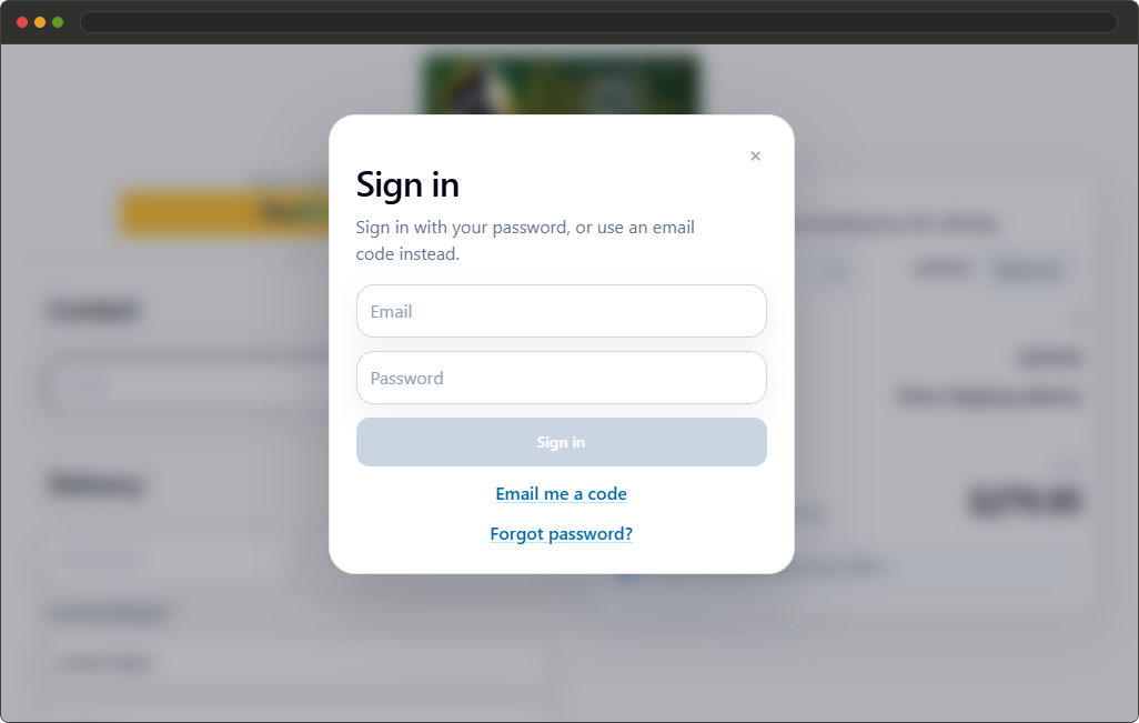 React Checkout Pro returning customer sign in popup with password login and email code option