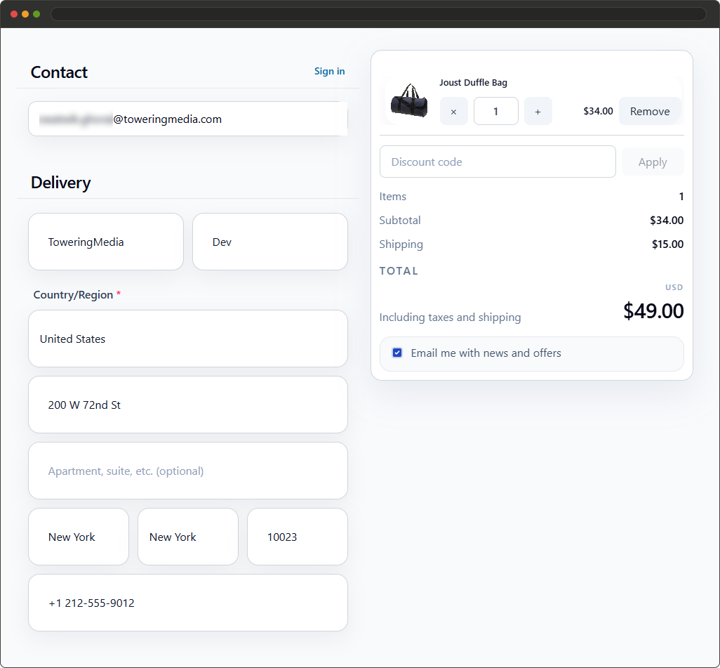 Magento 2 checkout with large cart scroll message and discount rule shown in order summary