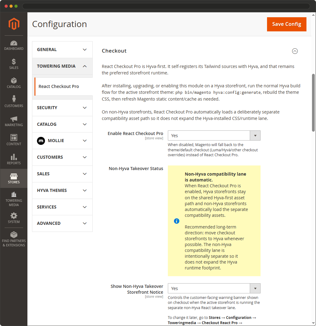Magento admin configuration for enabling React Checkout Pro and automatic non Hyva checkout compatibility