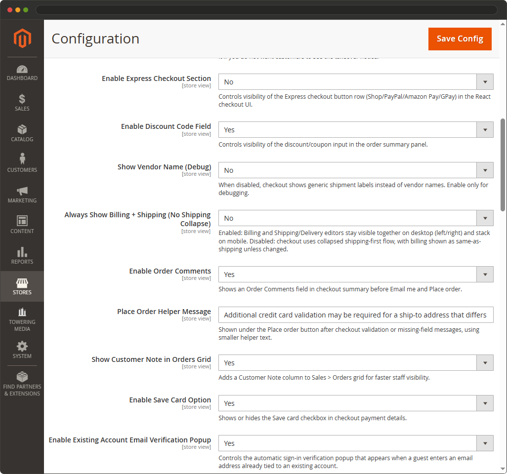 Magento admin React Checkout Pro settings for express checkout discount field order comments and helper message