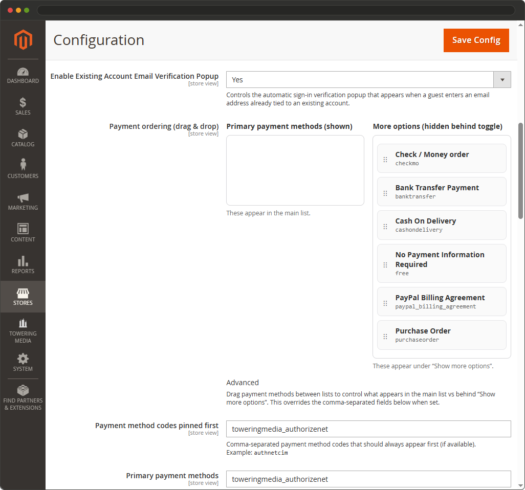 Magento admin drag and drop payment method ordering for React Checkout Pro checkout payment options