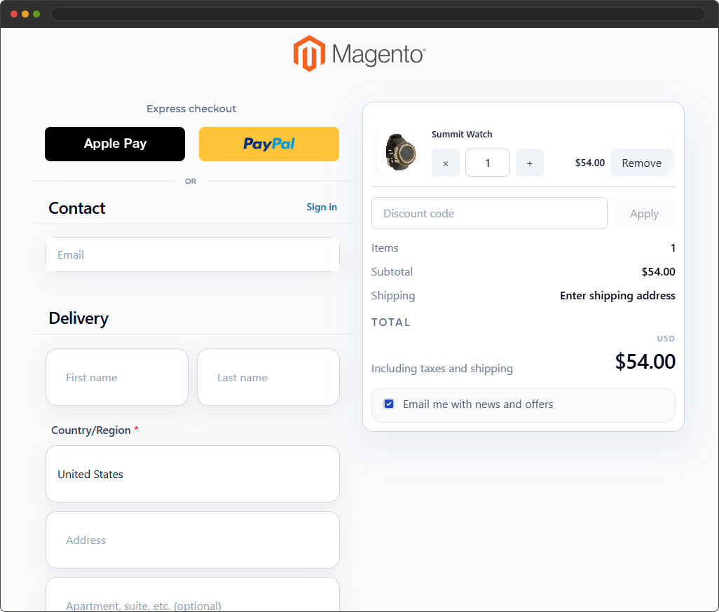 Mobile Magento 2 React checkout showing Apple Pay and PayPal Wallet payment options