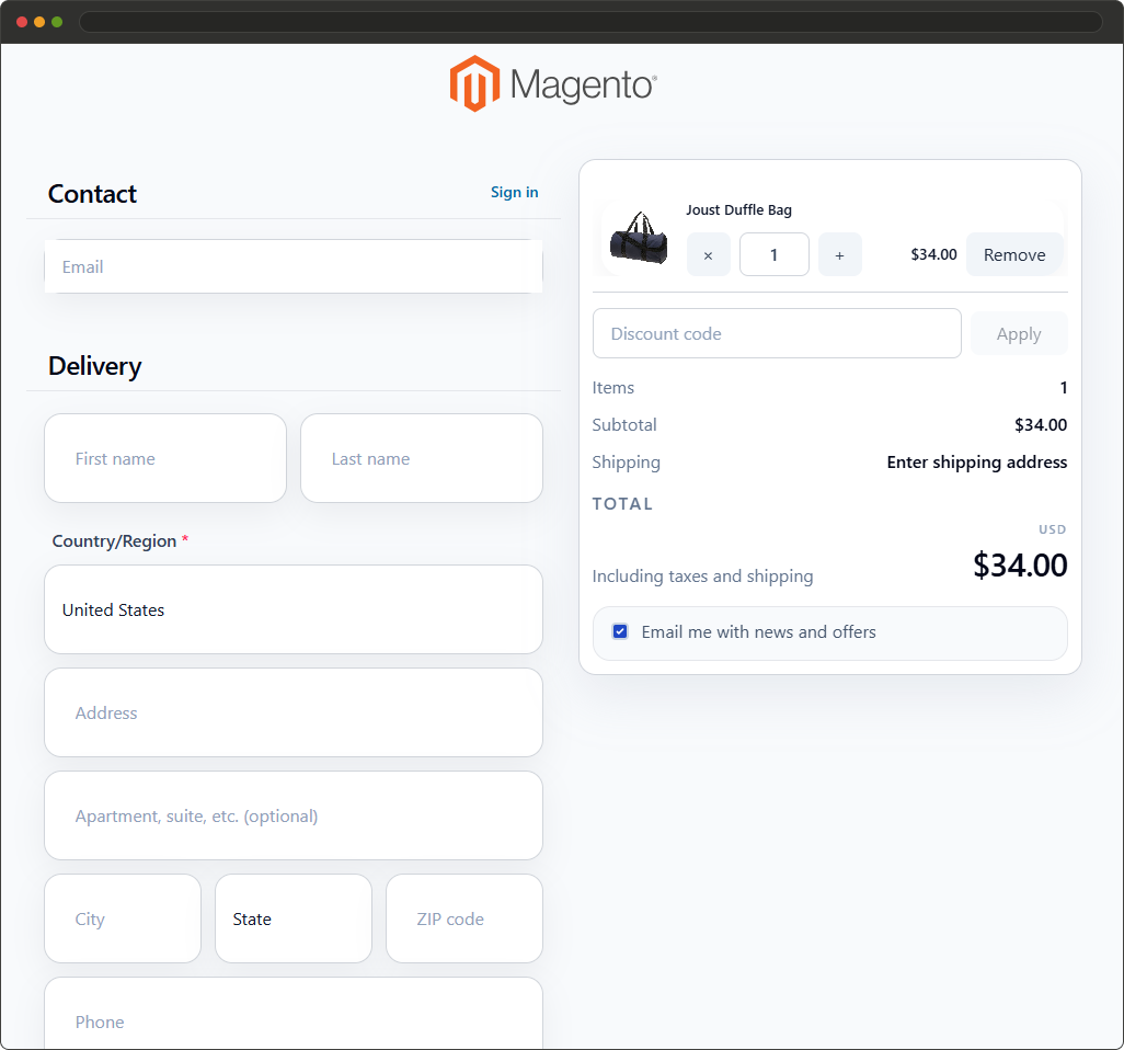 Magento 2 React Checkout Pro regular checkout flow with contact delivery payment and order summary