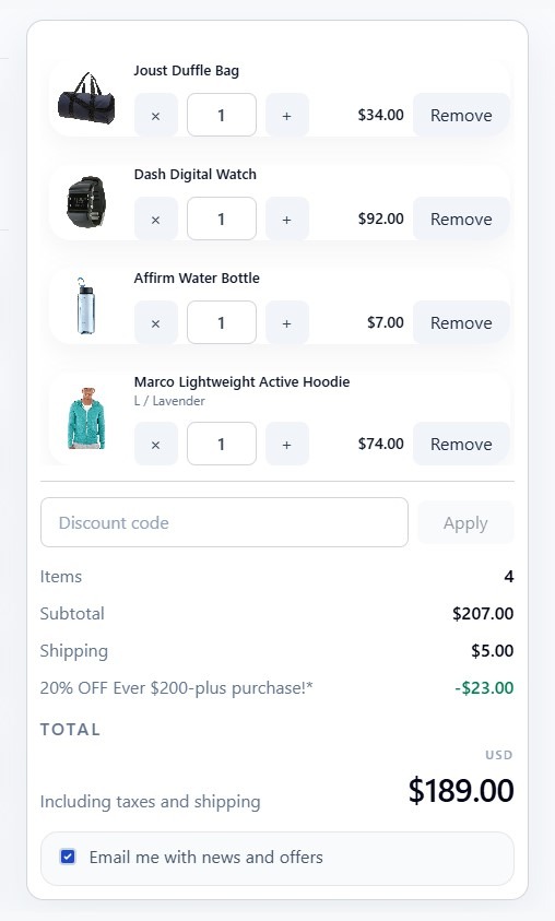 Magento 2 React checkout order summary with quantity controls remove buttons discounts and recalculated totals