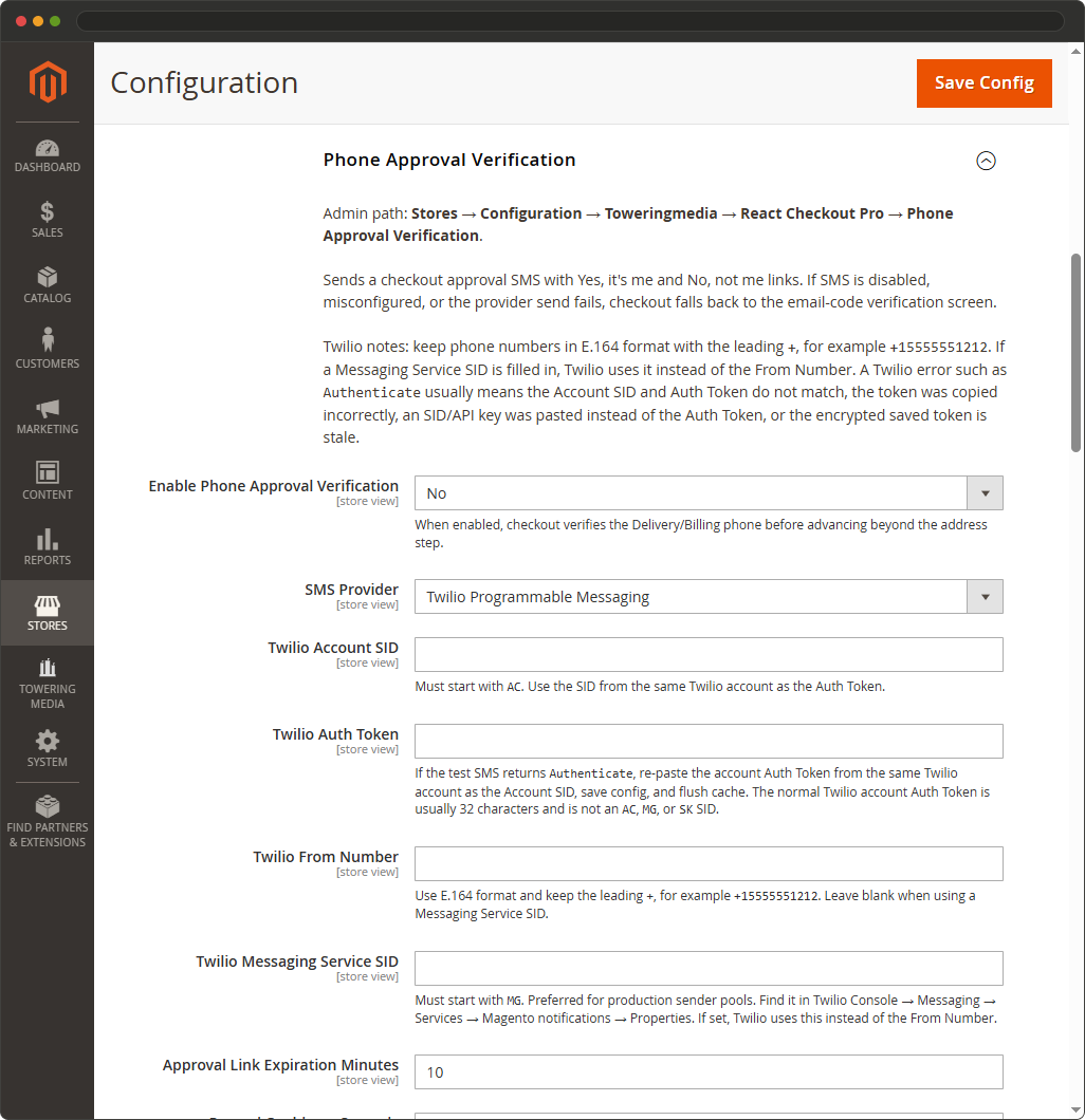 Magento admin SMS phone approval verification settings for Twilio and email code fallback in React Checkout Pro
