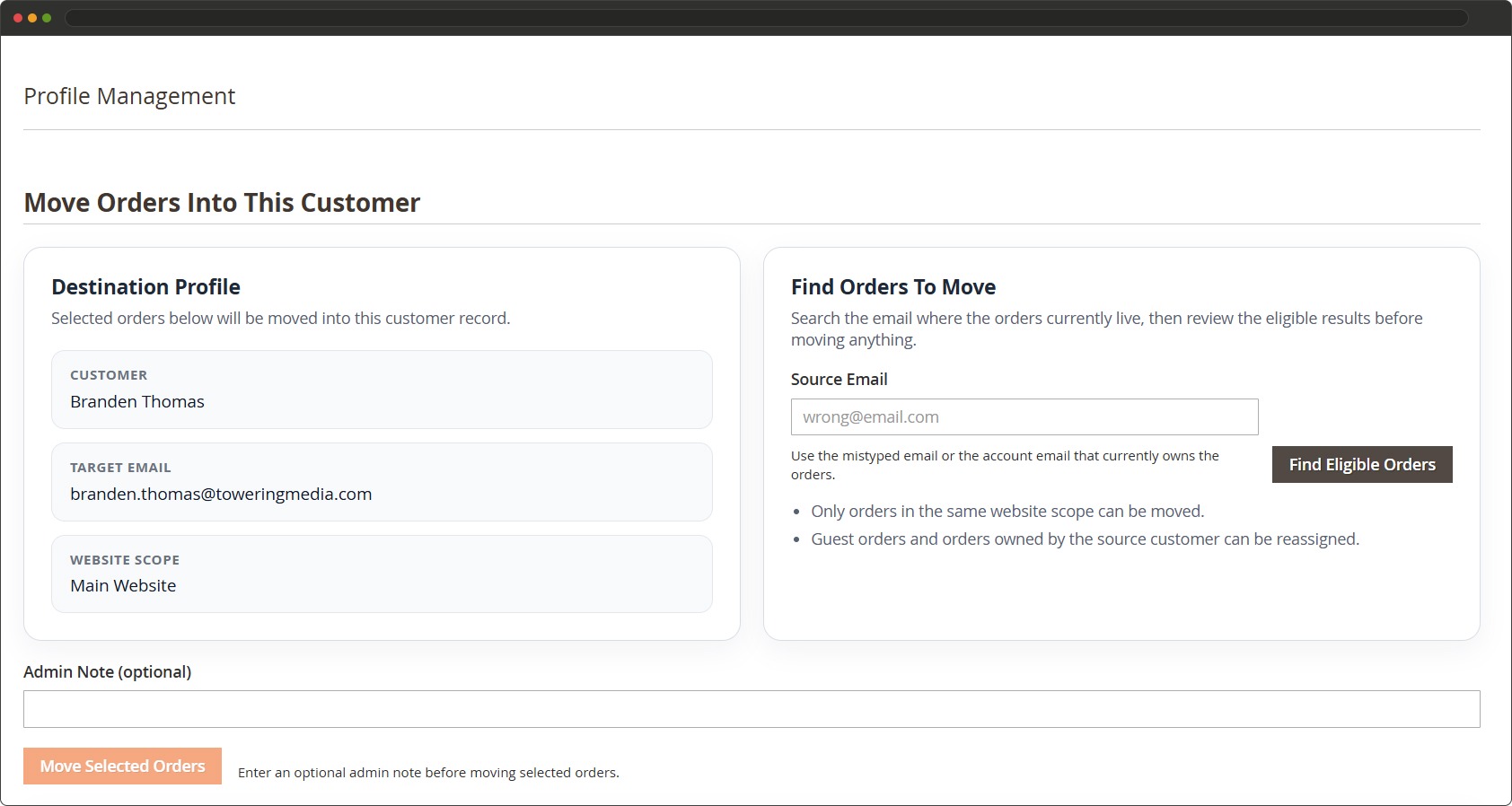 Magento admin profile management screen for moving guest orders into the correct customer account