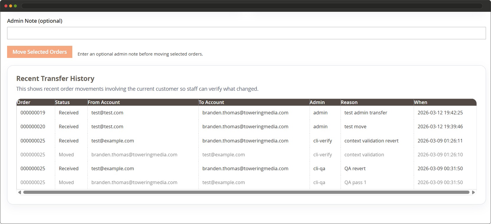 React Checkout Pro recent transfer history table showing order reassignment audit details in Magento admin
