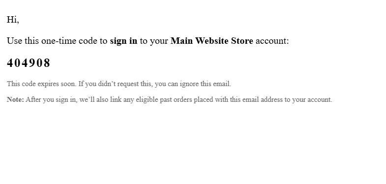Example one time email code message used by React Checkout Pro for returning customer verification