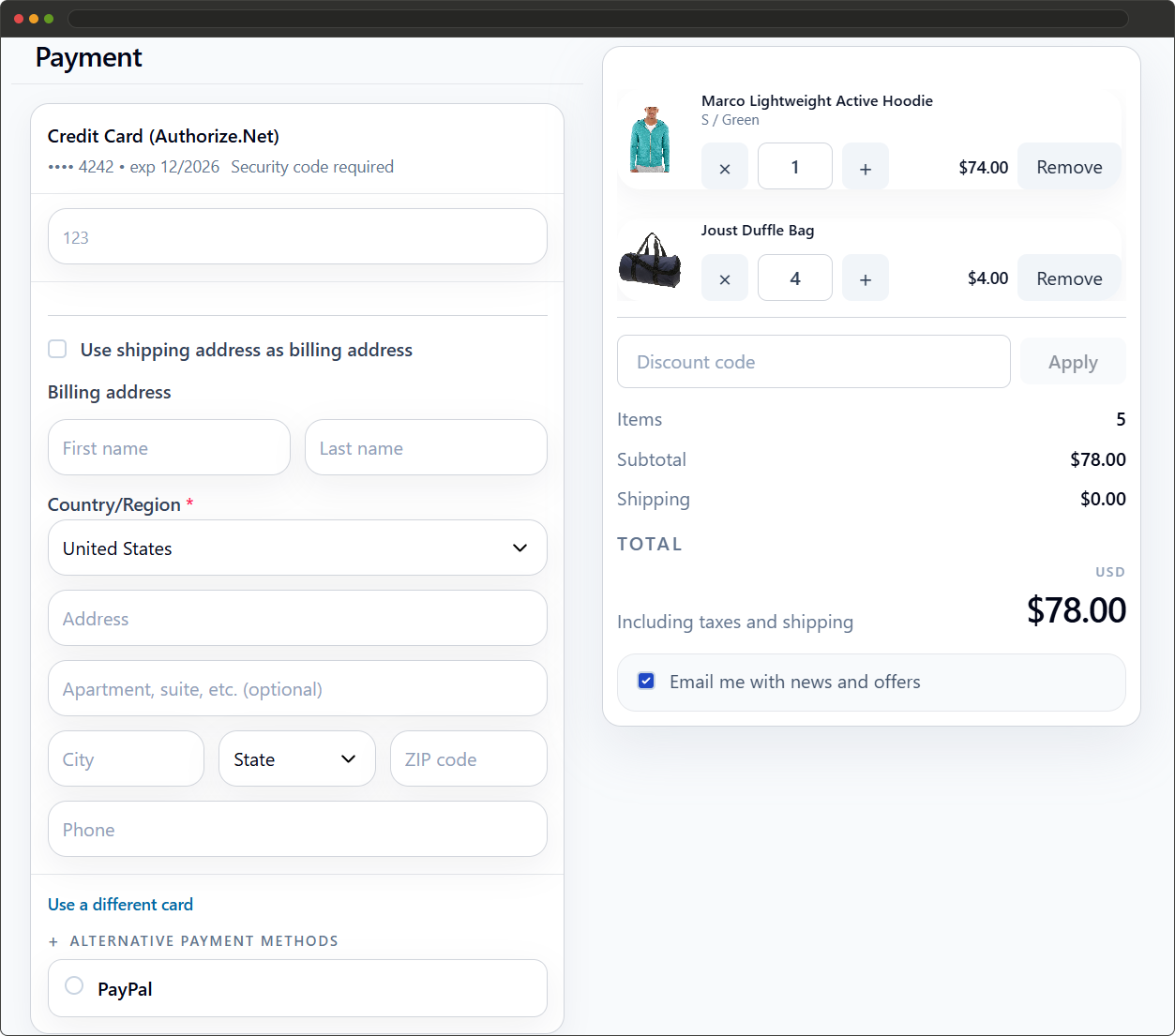 React Checkout Pro payment section with saved credit card CVV entry and billing address form