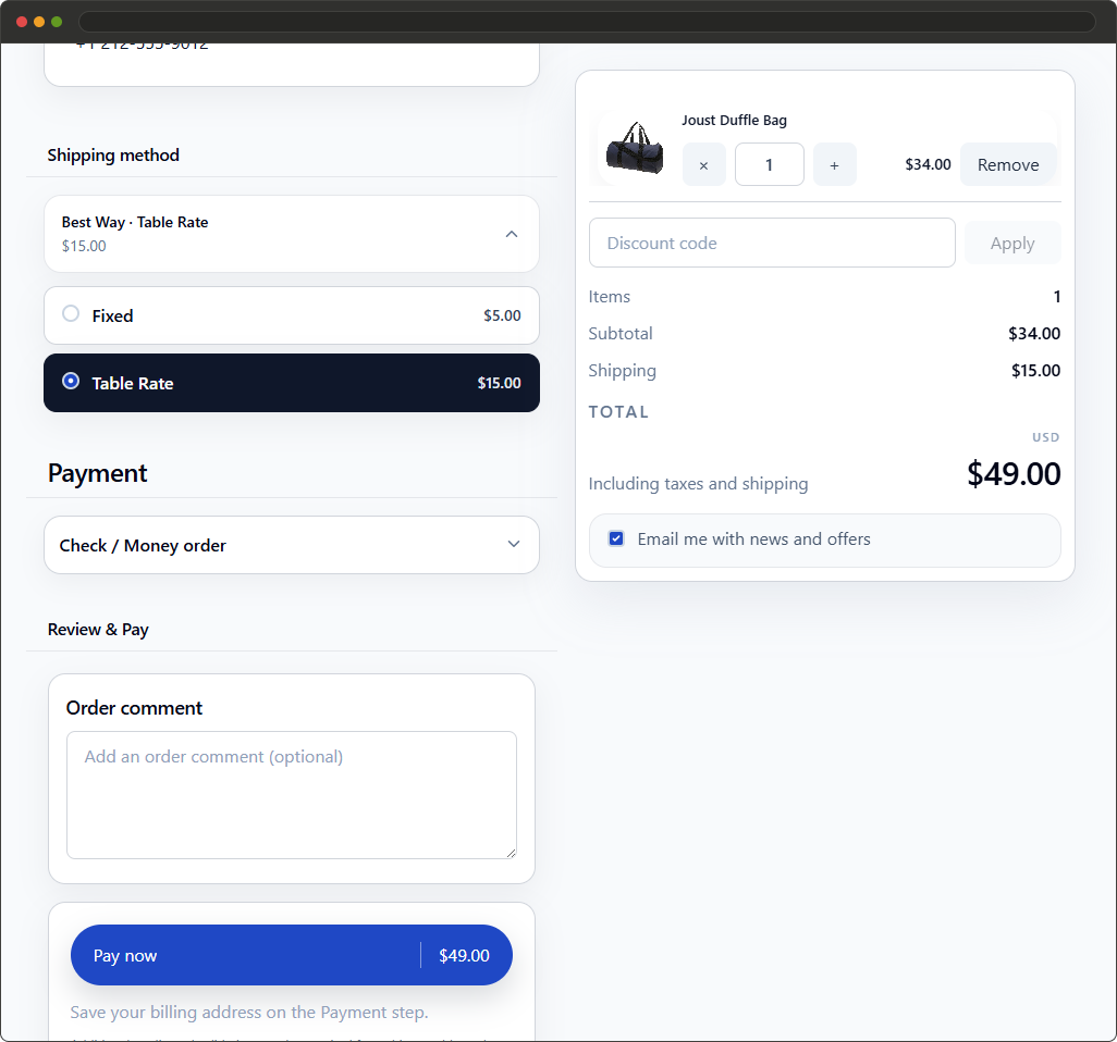 React Checkout Pro saved address selector with option to choose another customer address