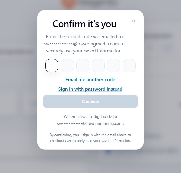 Magento 2 checkout email verification screen for a one time six digit customer login code