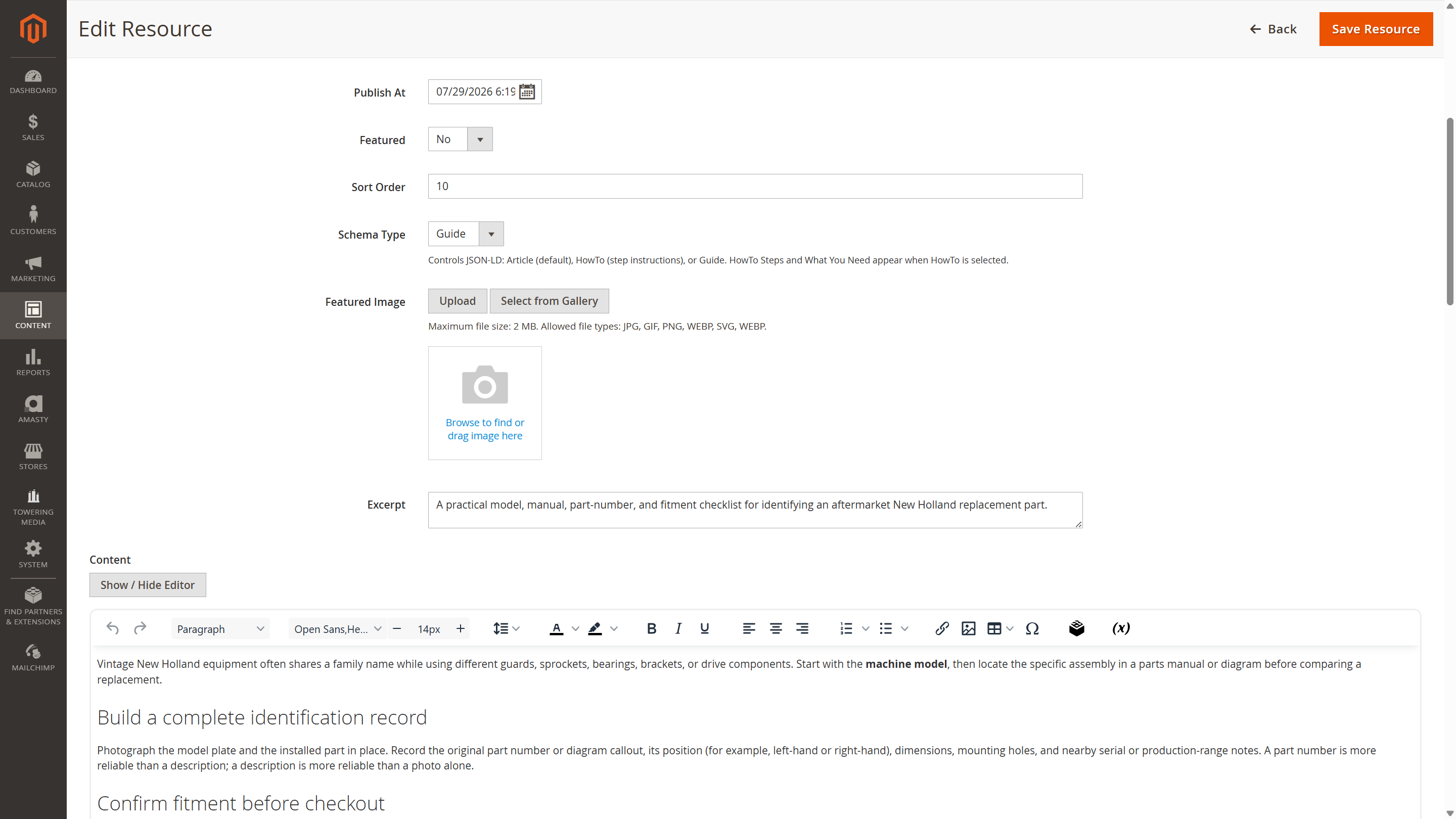 Admin Edit Resource form showing schema type, featured image, excerpt, and content editor