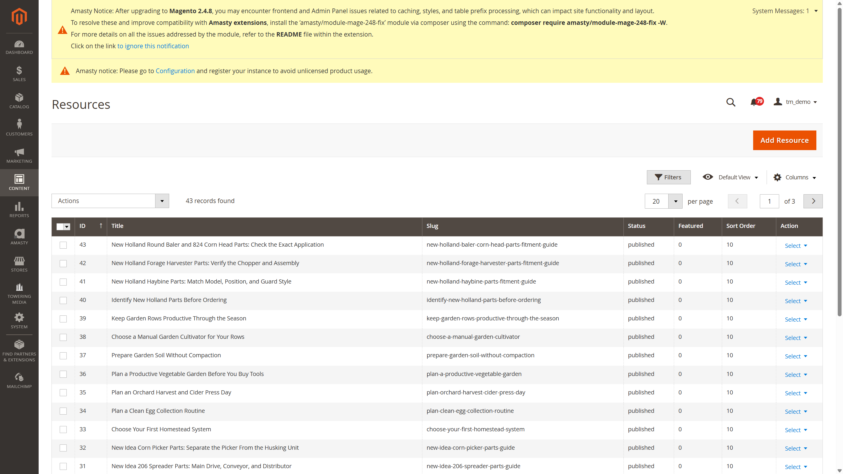 Magento admin Resources grid listing published Resource Center entries