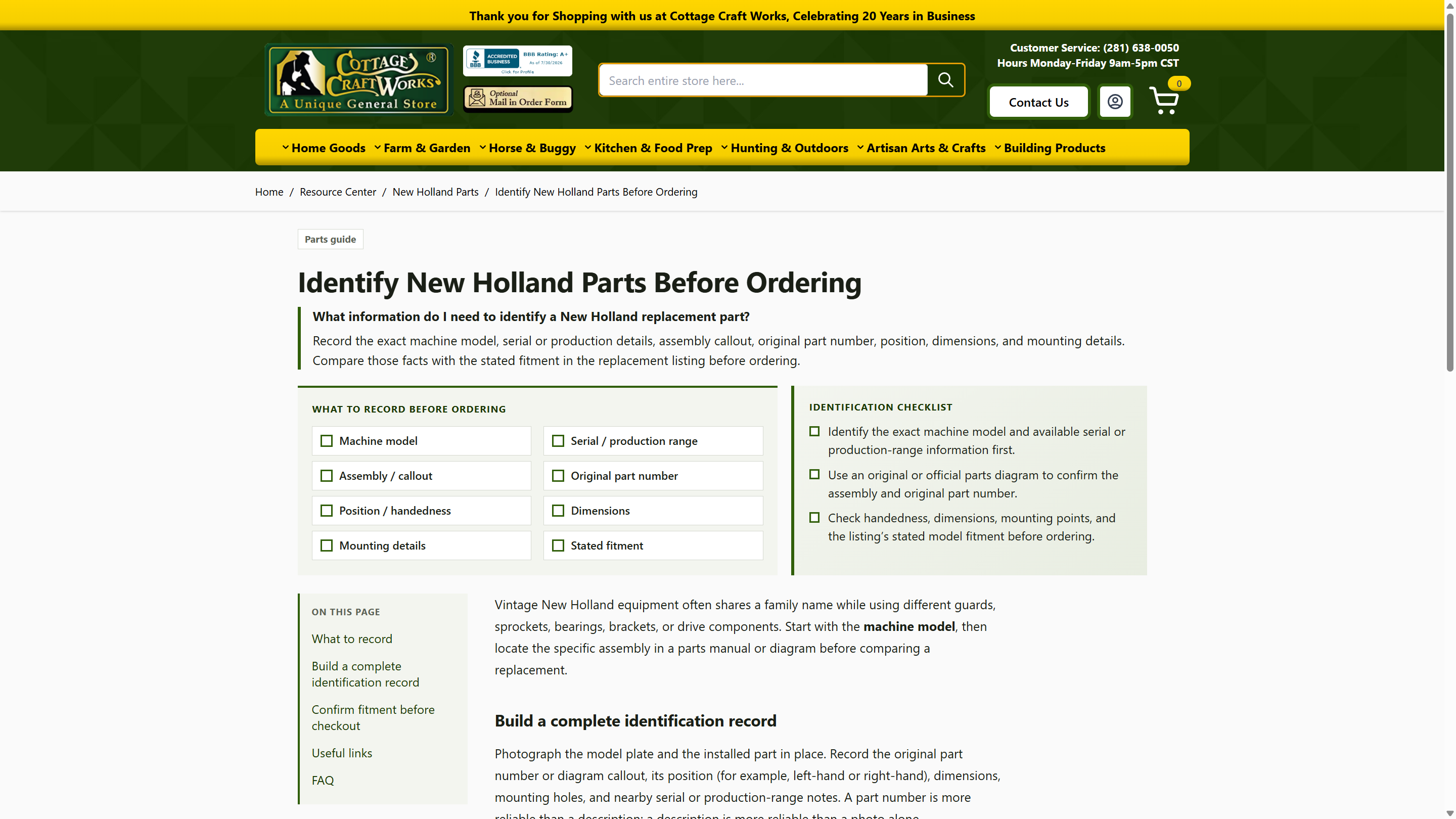 Identify New Holland Parts guide with checklist boxes and on-this-page navigation