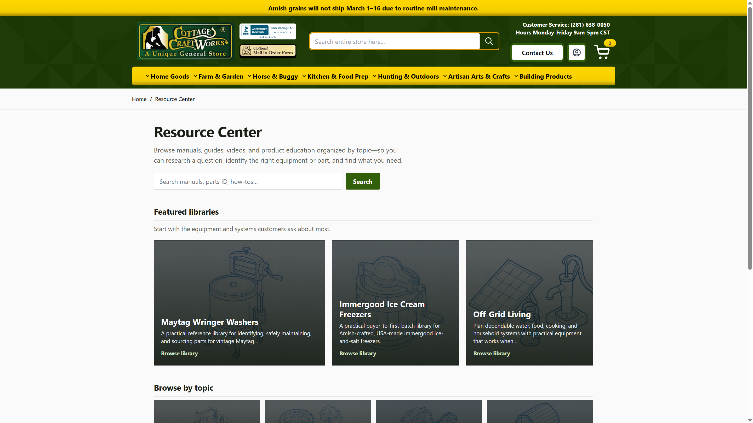 Resource Center landing page with featured equipment libraries and topic browse on Cottage Craft Works