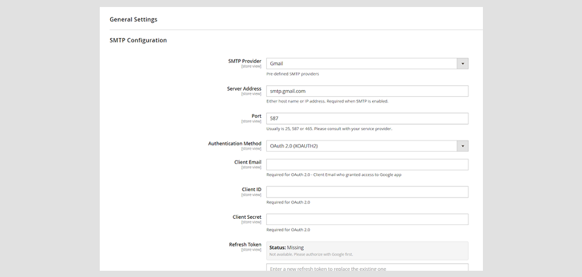 Magento Admin SMTP configuration screen