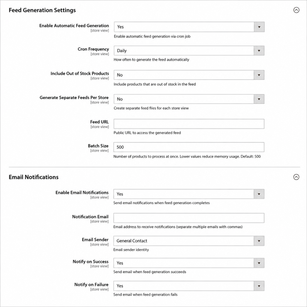 Feed Generation Settings and Email Notifications