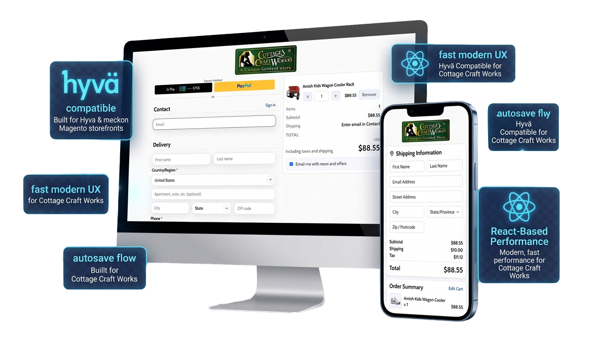 React Checkout Pro custom Magento checkout solution shown on desktop and mobile